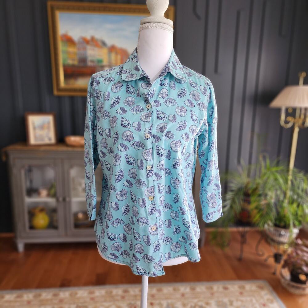 Foxcroft Appleseed’s Shell Print Blouse Petite 6P Cotton Wrinkle Free